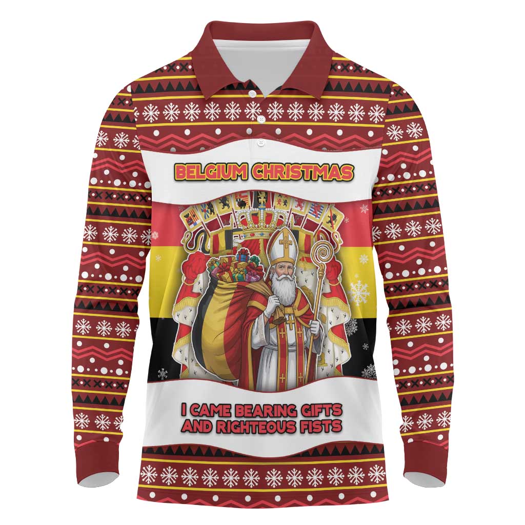 Personalized Belgium Long Sleeve Polo Shirt Saint Nicholas With Patterns Xmas - Wonder Print Shop
