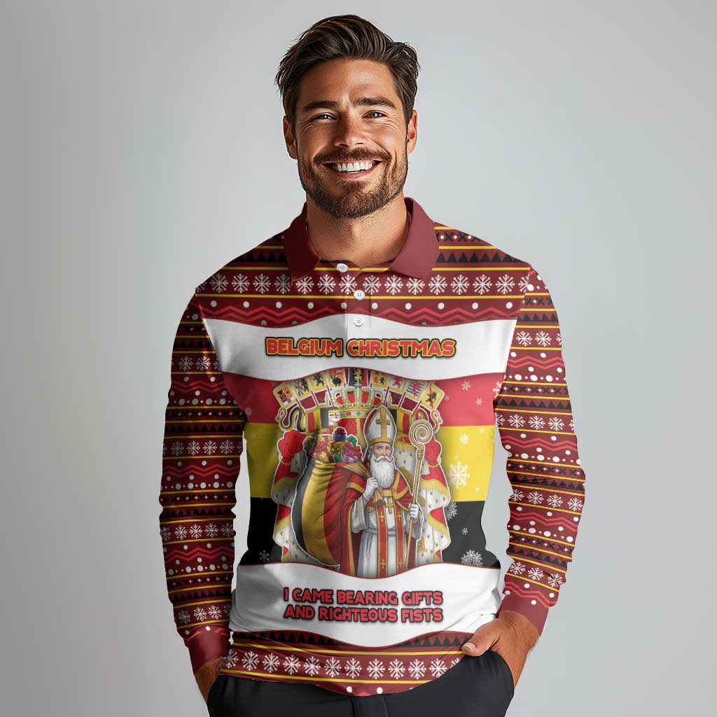 Personalized Belgium Long Sleeve Polo Shirt Saint Nicholas With Patterns Xmas - Wonder Print Shop