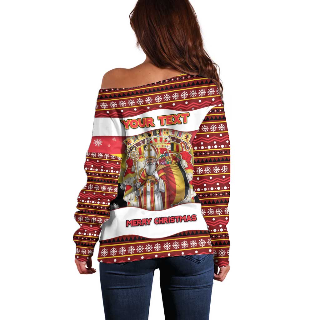 Personalized Belgium Off Shoulder Sweater Saint Nicholas With Patterns Xmas - Wonder Print Shop