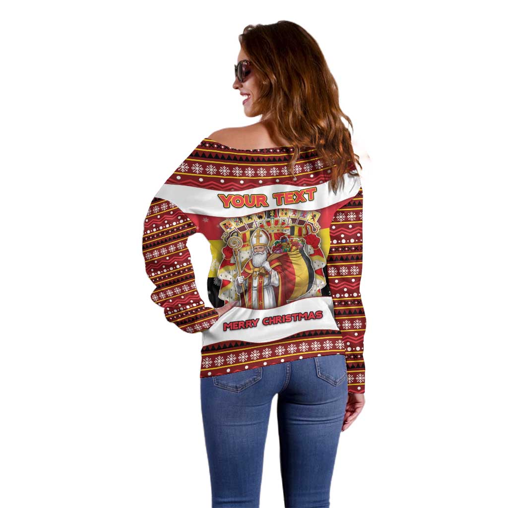 Personalized Belgium Off Shoulder Sweater Saint Nicholas With Patterns Xmas - Wonder Print Shop