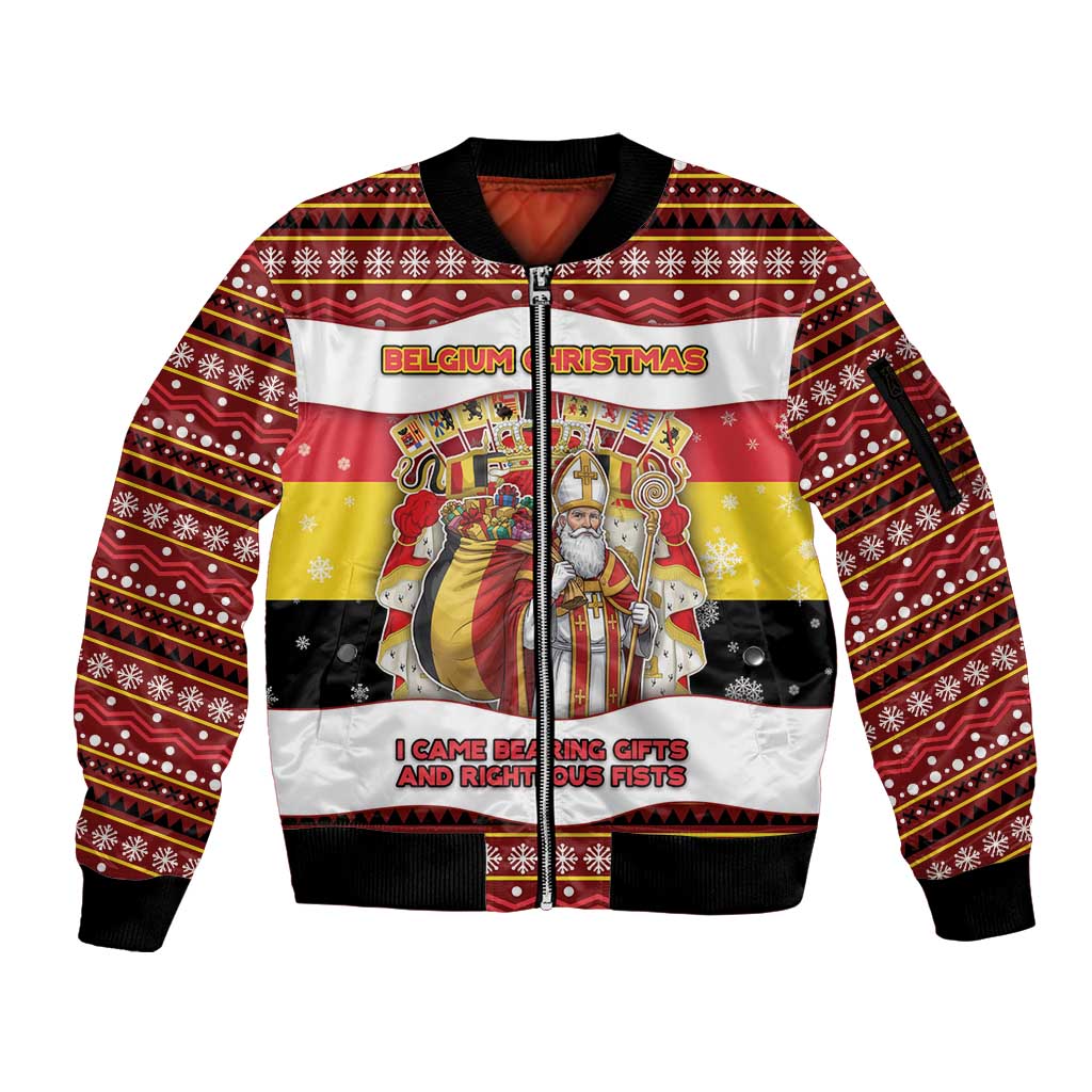 Personalized Belgium Sleeve Zip Bomber Jacket Saint Nicholas With Patterns Xmas - Wonder Print Shop
