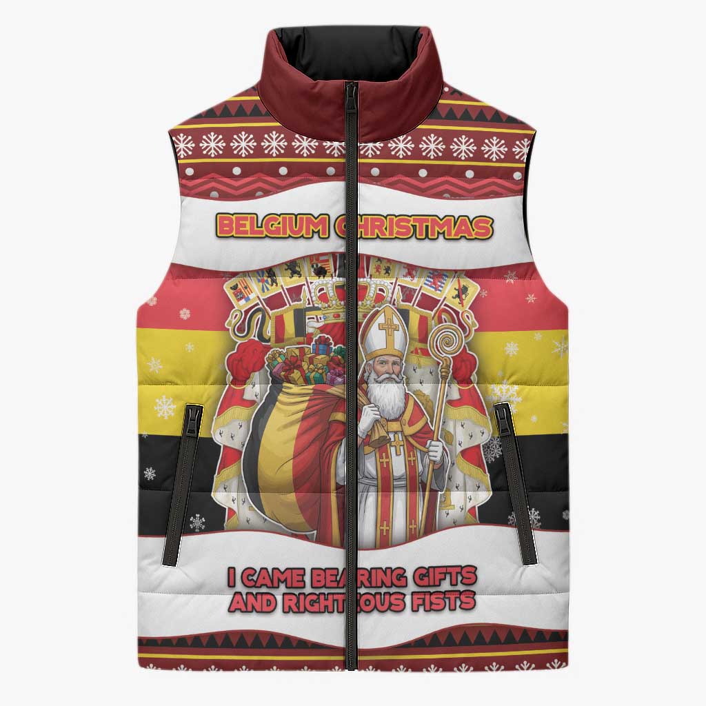 Personalized Belgium Sleeveless Puffer Jacket Saint Nicholas With Patterns Xmas - Wonder Print Shop