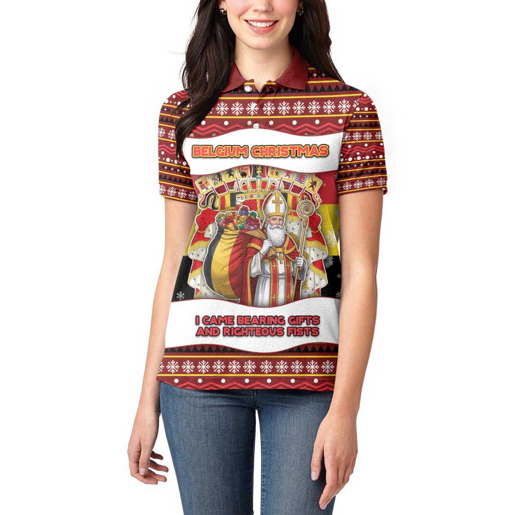 Personalized Belgium Women Polo Shirt Saint Nicholas With Patterns Xmas - Wonder Print Shop