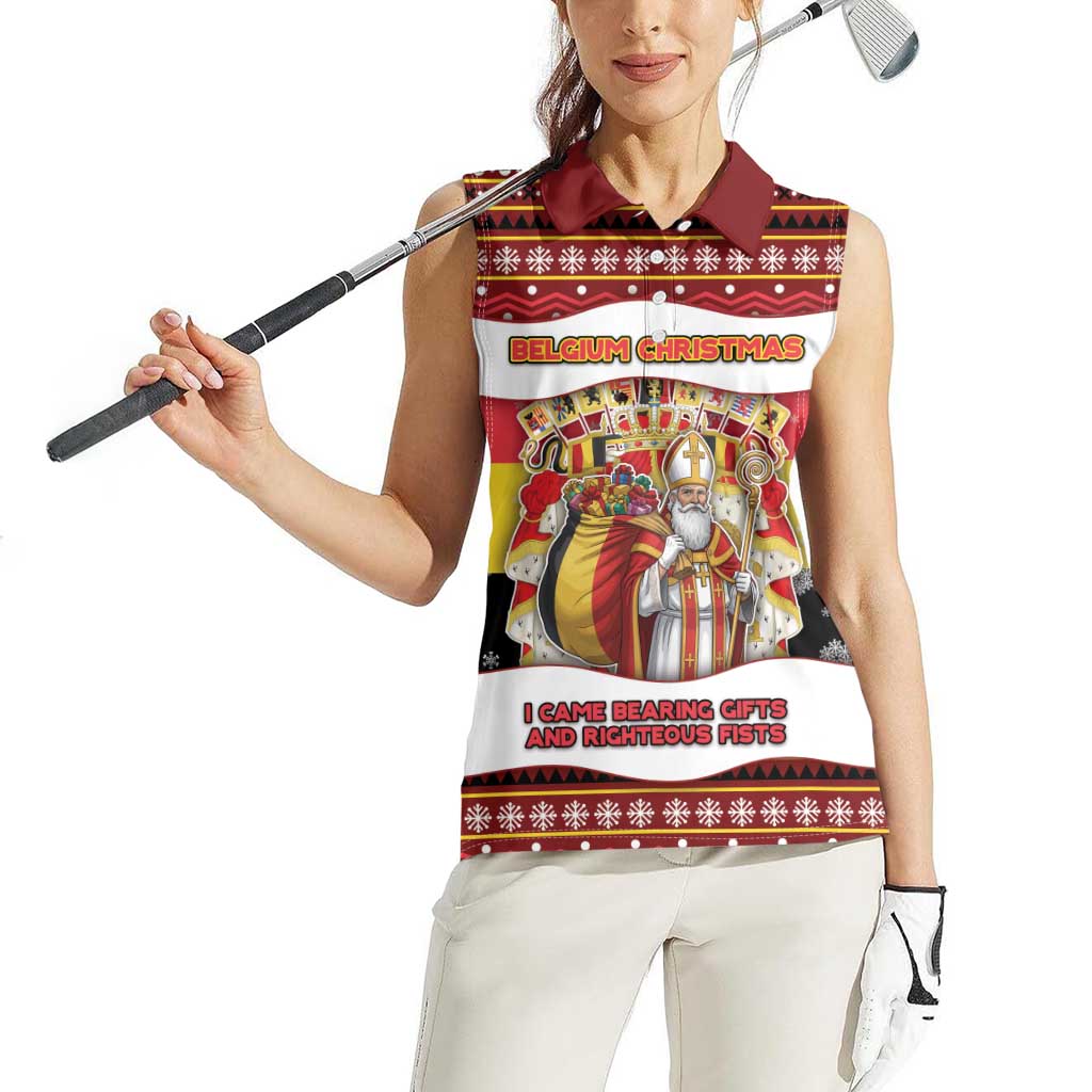 Personalized Belgium Women Sleeveless Polo Shirt Saint Nicholas With Patterns Xmas - Wonder Print Shop
