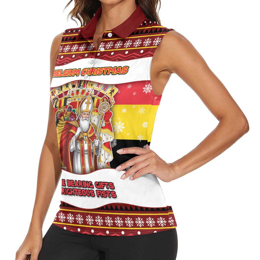 Personalized Belgium Women Sleeveless Polo Shirt Saint Nicholas With Patterns Xmas - Wonder Print Shop