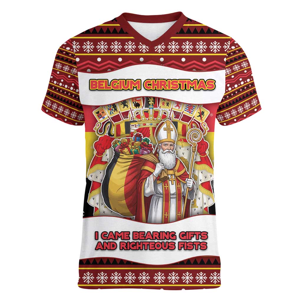 Personalized Belgium Women V-Neck T-Shirt Saint Nicholas With Patterns Xmas - Wonder Print Shop