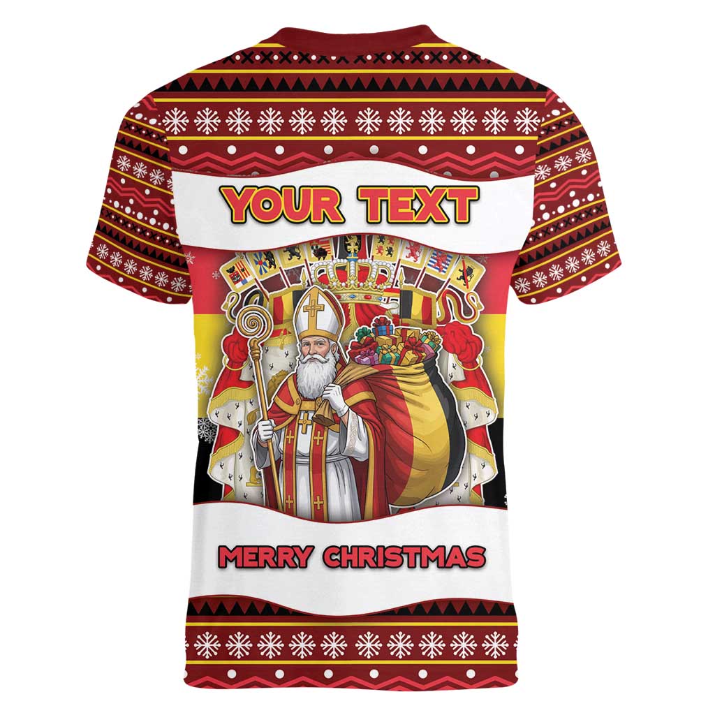 Personalized Belgium Women V-Neck T-Shirt Saint Nicholas With Patterns Xmas - Wonder Print Shop