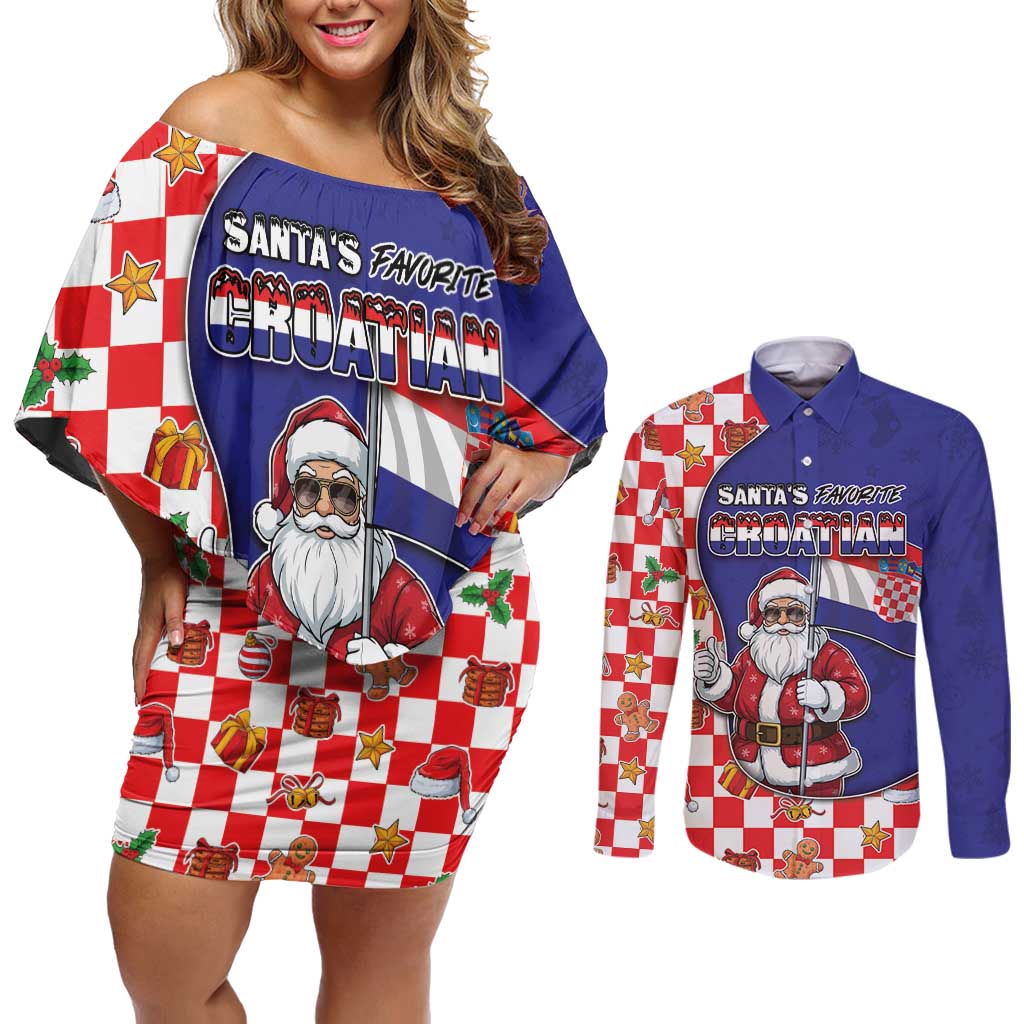 Croatia Christmas Couples Matching Off Shoulder Short Dress and Long Sleeve Button Shirt Santas Favorite Croatian - Wonder Print Shop