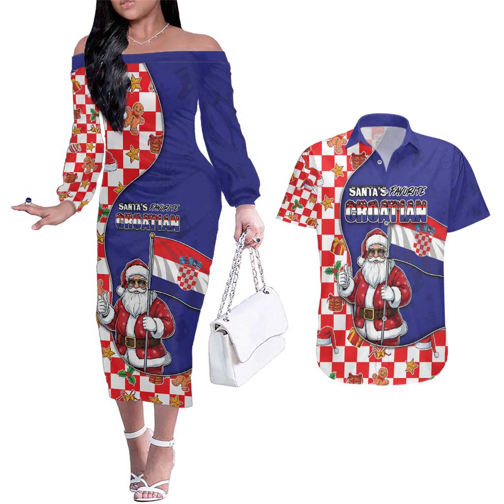 Croatia Christmas Couples Matching Off The Shoulder Long Sleeve Dress and Hawaiian Shirt Santas Favorite Croatian - Wonder Print Shop