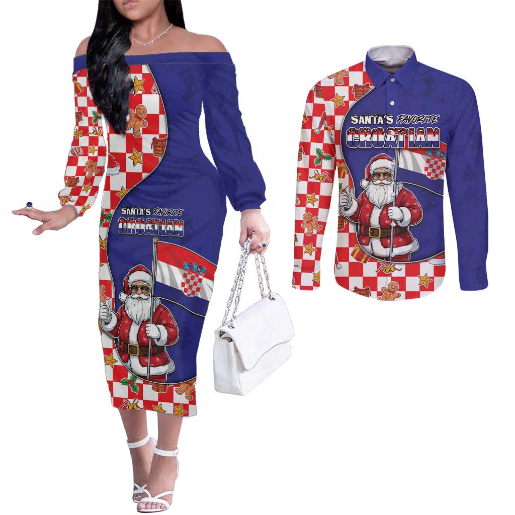 Croatia Christmas Couples Matching Off The Shoulder Long Sleeve Dress and Long Sleeve Button Shirt Santas Favorite Croatian - Wonder Print Shop