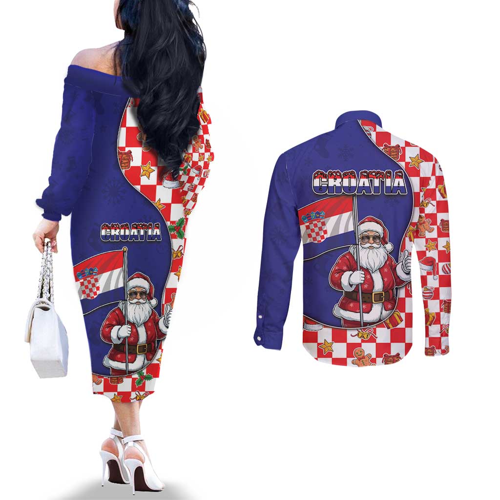 Croatia Christmas Couples Matching Off The Shoulder Long Sleeve Dress and Long Sleeve Button Shirt Santas Favorite Croatian - Wonder Print Shop