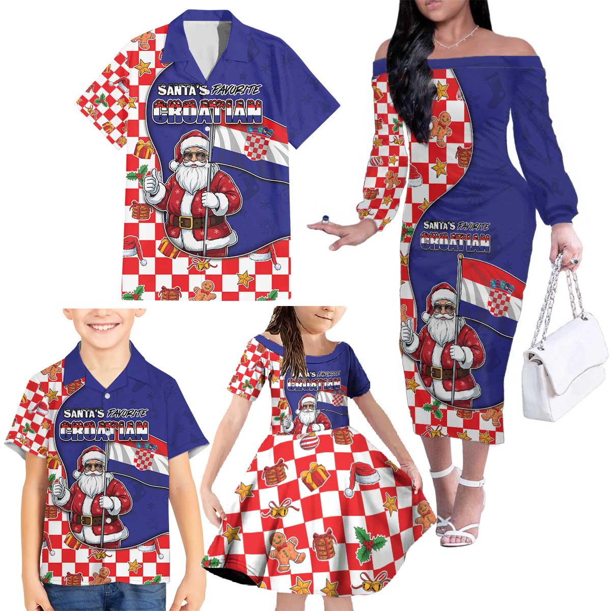 Croatia Christmas Family Matching Off The Shoulder Long Sleeve Dress and Hawaiian Shirt Santas Favorite Croatian - Wonder Print Shop