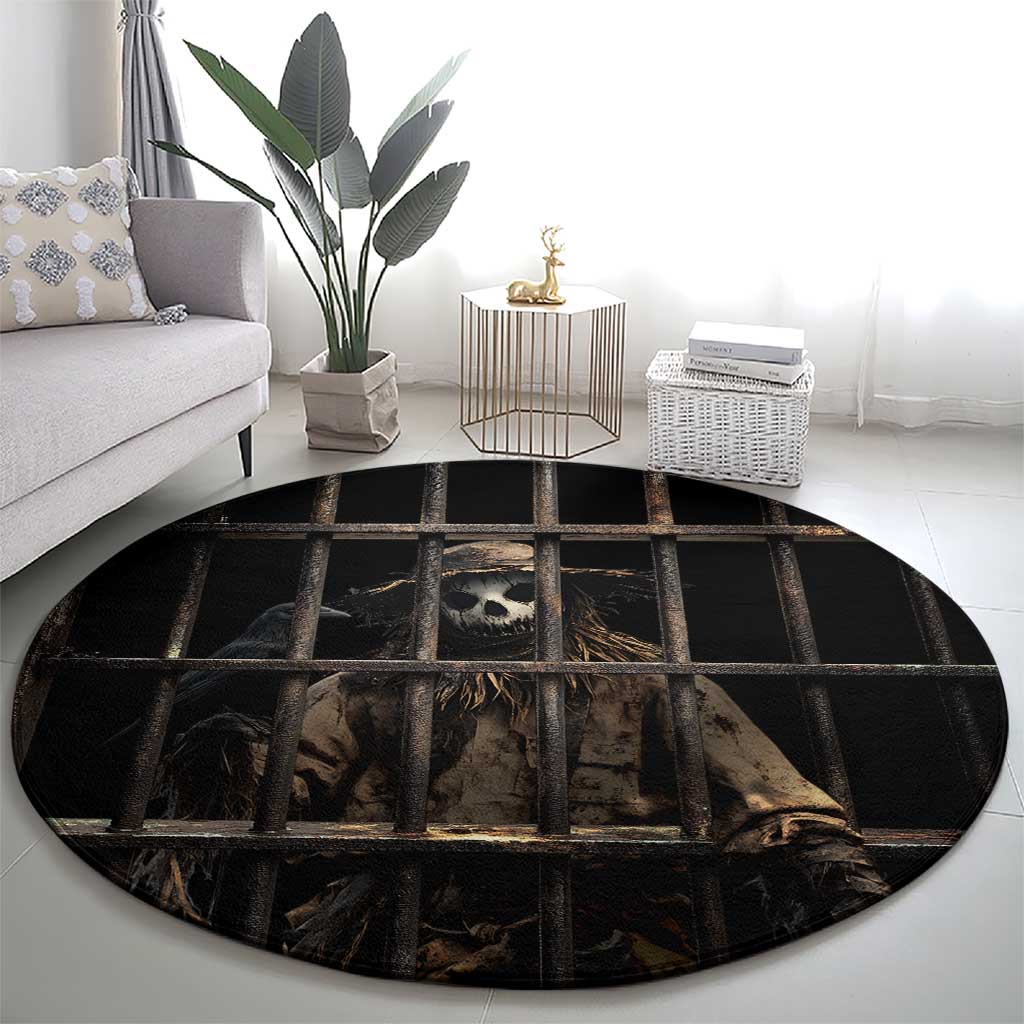 3D Illusion Straw Man Halloween Round Carpet Behind The Bars - Wonder Print Shop