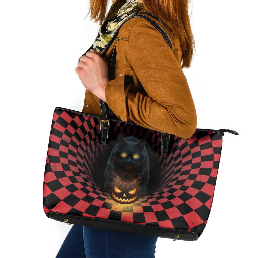 3D Illusion Cat Halloween Leather Tote Bag Horror Cartoon Style - Wonder Print Shop