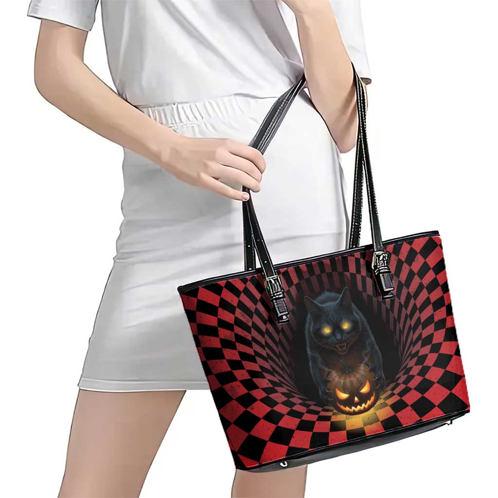 3D Illusion Cat Halloween Leather Tote Bag Horror Cartoon Style - Wonder Print Shop