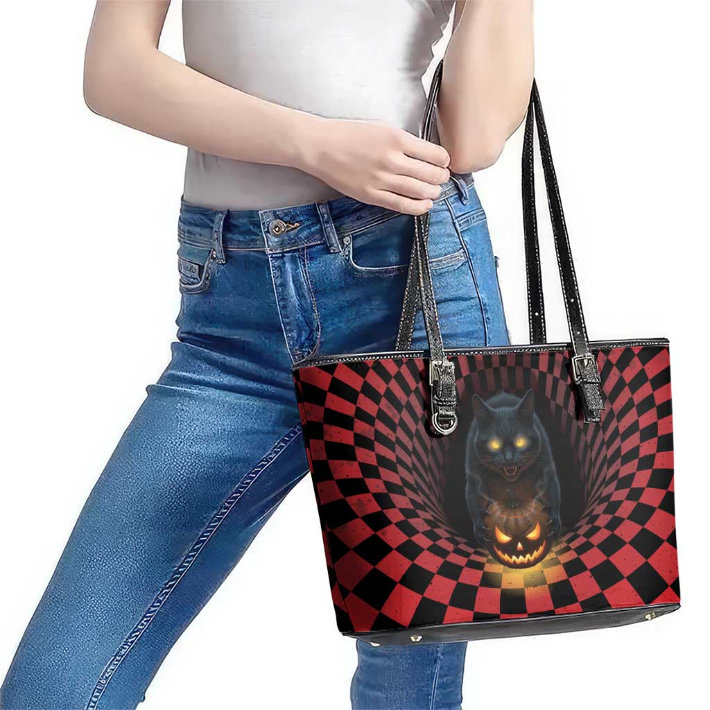 3D Illusion Cat Halloween Leather Tote Bag Horror Cartoon Style - Wonder Print Shop
