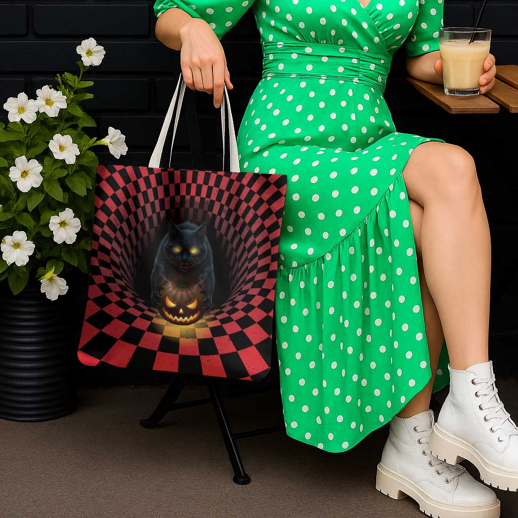 3D Illusion Cat Halloween Tote Bag Horror Cartoon Style - Wonder Print Shop