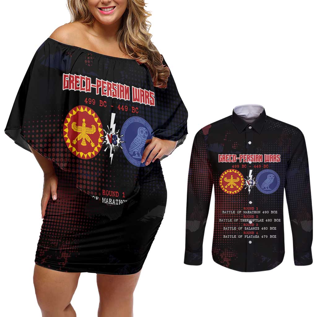Personalized Delian League Couples Matching Off Shoulder Short Dress and Long Sleeve Button Shirt Greek And Persian Wars - Wonder Print Shop