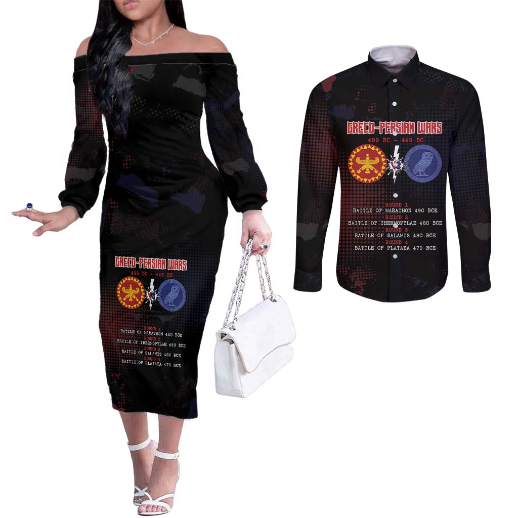 Personalized Delian League Couples Matching Off The Shoulder Long Sleeve Dress and Long Sleeve Button Shirt Greek And Persian Wars - Wonder Print Shop