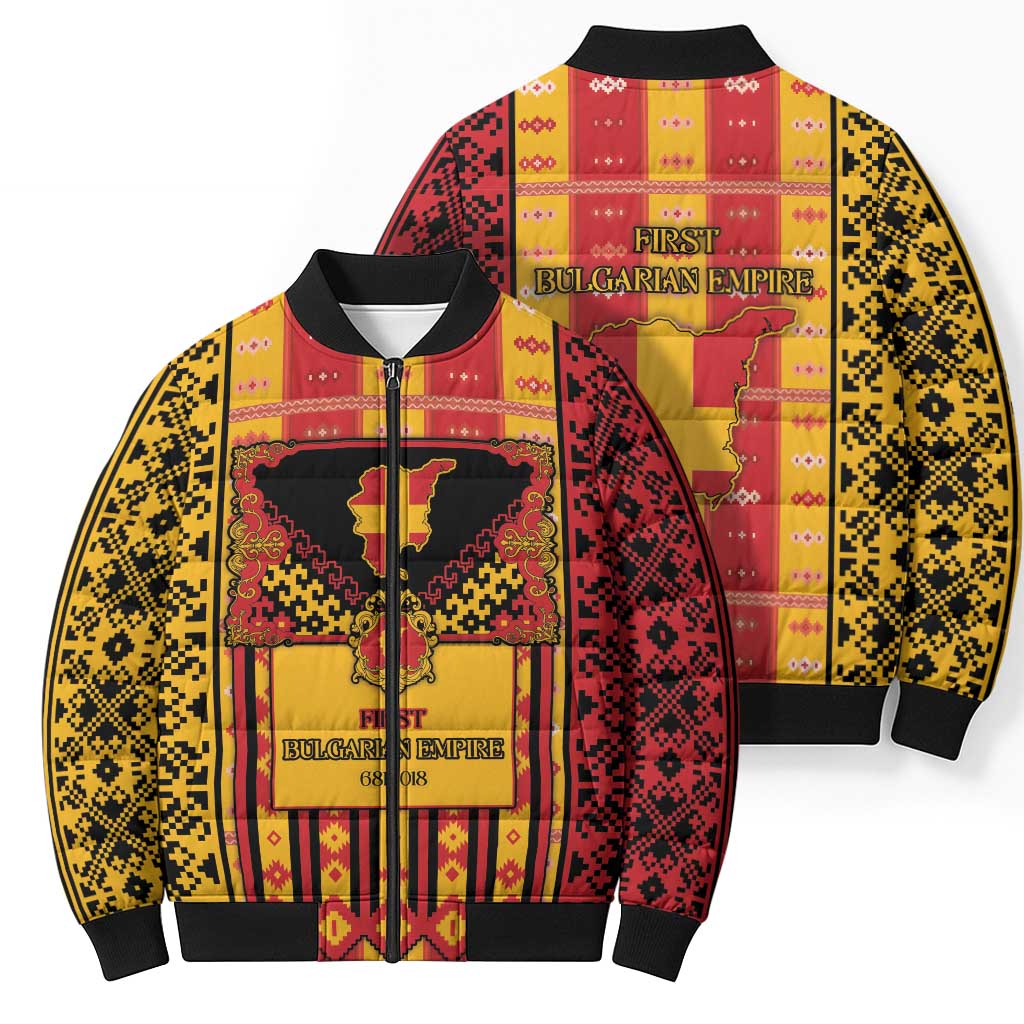 First Bulgarian Empire Bomber Puffer Jacket Slavic Patterns - Wonder Print Shop
