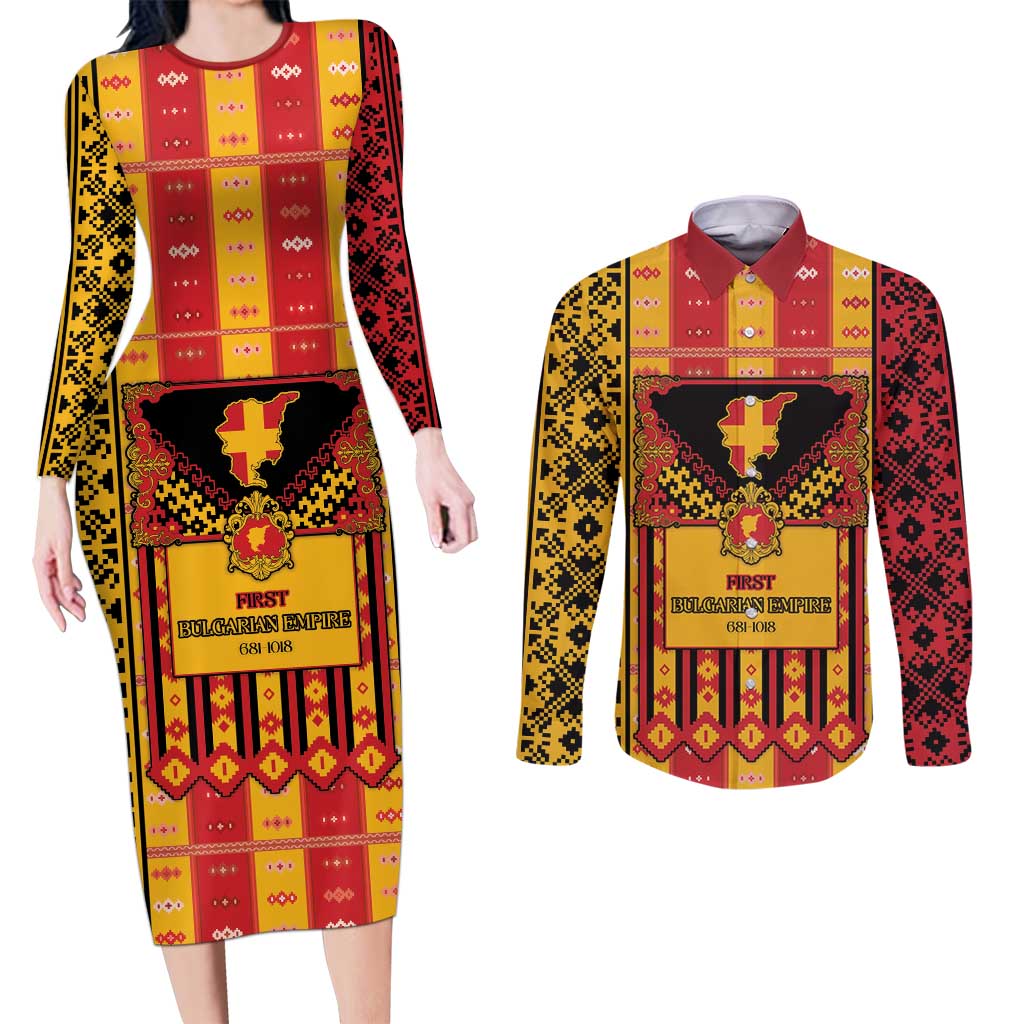 First Bulgarian Empire Couples Matching Long Sleeve Bodycon Dress and Long Sleeve Button Shirt Slavic Patterns - Wonder Print Shop