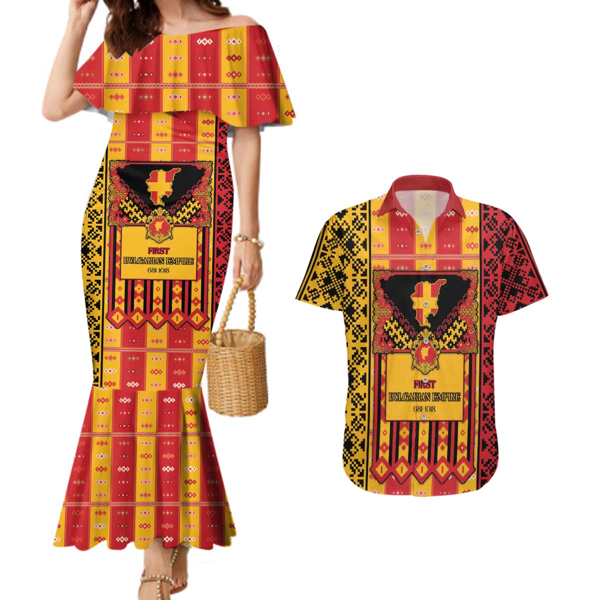 First Bulgarian Empire Couples Matching Mermaid Dress and Hawaiian Shirt Slavic Patterns - Wonder Print Shop