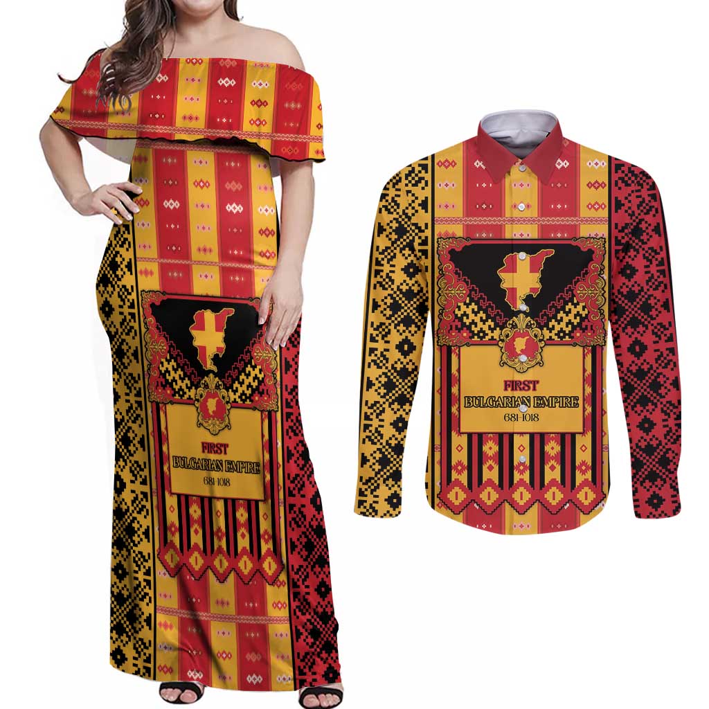 First Bulgarian Empire Couples Matching Off Shoulder Maxi Dress and Long Sleeve Button Shirt Slavic Patterns - Wonder Print Shop