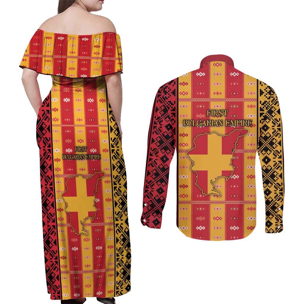 First Bulgarian Empire Couples Matching Off Shoulder Maxi Dress and Long Sleeve Button Shirt Slavic Patterns - Wonder Print Shop