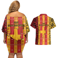 First Bulgarian Empire Couples Matching Off Shoulder Short Dress and Hawaiian Shirt Slavic Patterns - Wonder Print Shop