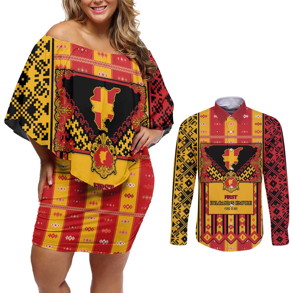 First Bulgarian Empire Couples Matching Off Shoulder Short Dress and Long Sleeve Button Shirt Slavic Patterns - Wonder Print Shop