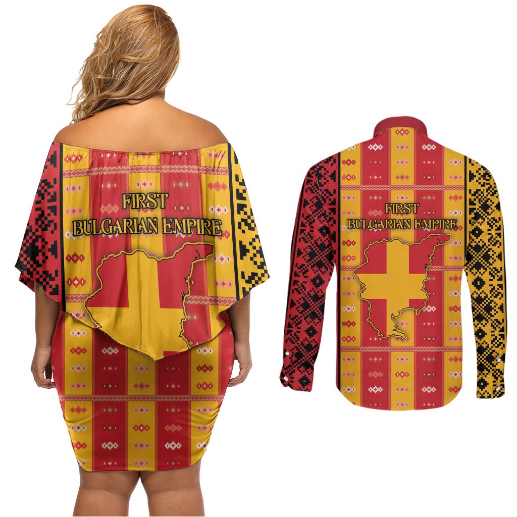 First Bulgarian Empire Couples Matching Off Shoulder Short Dress and Long Sleeve Button Shirt Slavic Patterns - Wonder Print Shop
