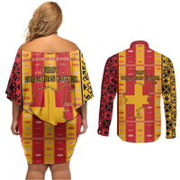 First Bulgarian Empire Couples Matching Off Shoulder Short Dress and Long Sleeve Button Shirt Slavic Patterns - Wonder Print Shop