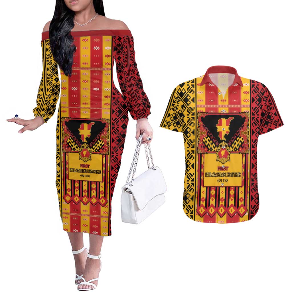 First Bulgarian Empire Couples Matching Off The Shoulder Long Sleeve Dress and Hawaiian Shirt Slavic Patterns - Wonder Print Shop