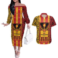First Bulgarian Empire Couples Matching Off The Shoulder Long Sleeve Dress and Hawaiian Shirt Slavic Patterns - Wonder Print Shop