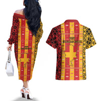 First Bulgarian Empire Couples Matching Off The Shoulder Long Sleeve Dress and Hawaiian Shirt Slavic Patterns - Wonder Print Shop