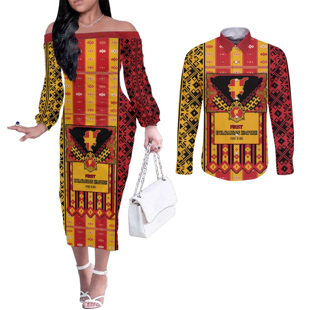 First Bulgarian Empire Couples Matching Off The Shoulder Long Sleeve Dress and Long Sleeve Button Shirt Slavic Patterns - Wonder Print Shop