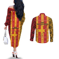 First Bulgarian Empire Couples Matching Off The Shoulder Long Sleeve Dress and Long Sleeve Button Shirt Slavic Patterns - Wonder Print Shop