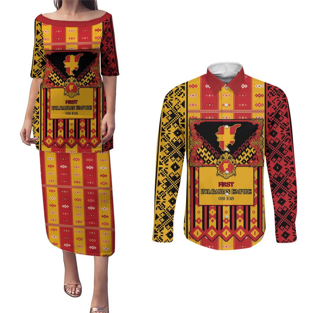 First Bulgarian Empire Couples Matching Puletasi and Long Sleeve Button Shirt Slavic Patterns - Wonder Print Shop