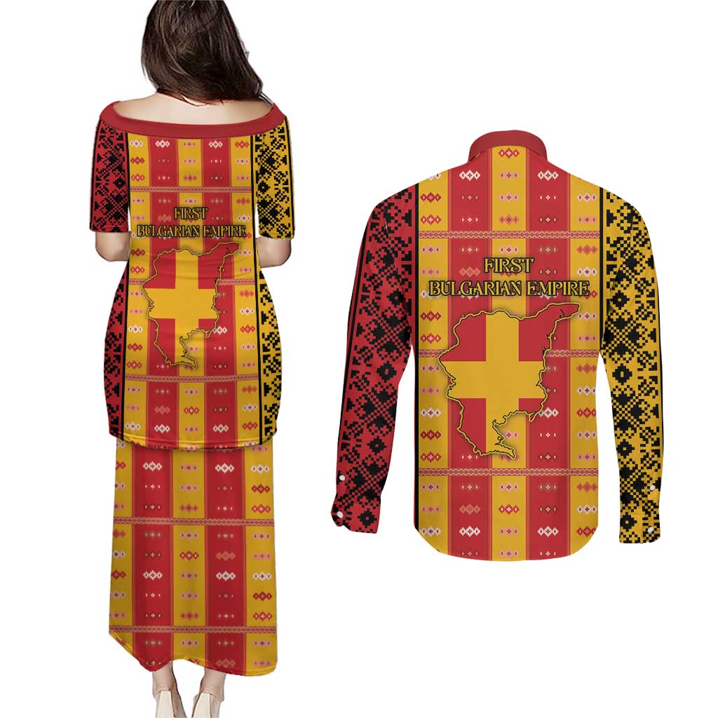First Bulgarian Empire Couples Matching Puletasi and Long Sleeve Button Shirt Slavic Patterns - Wonder Print Shop