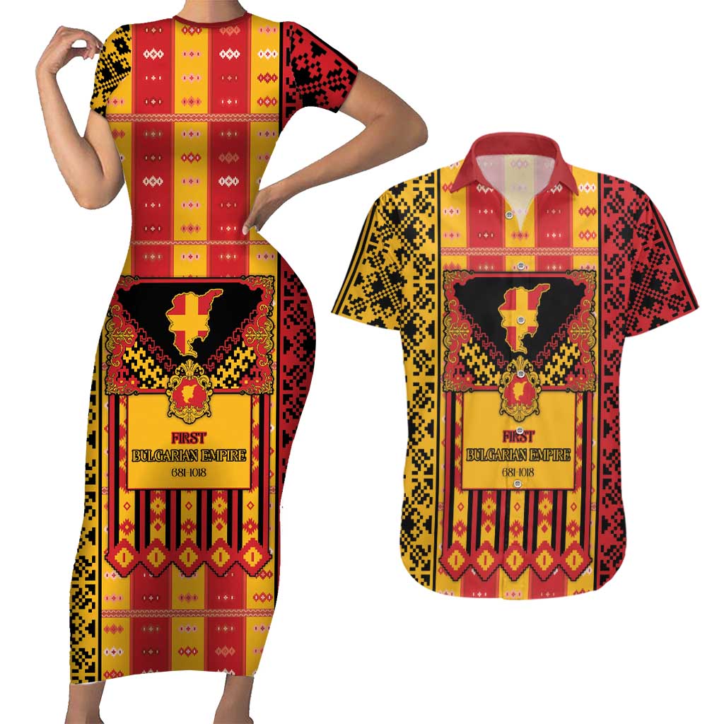 First Bulgarian Empire Couples Matching Short Sleeve Bodycon Dress and Hawaiian Shirt Slavic Patterns - Wonder Print Shop