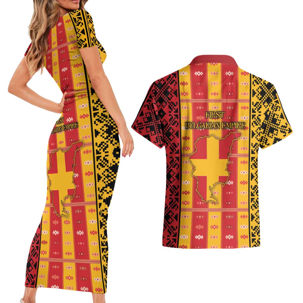 First Bulgarian Empire Couples Matching Short Sleeve Bodycon Dress and Hawaiian Shirt Slavic Patterns - Wonder Print Shop