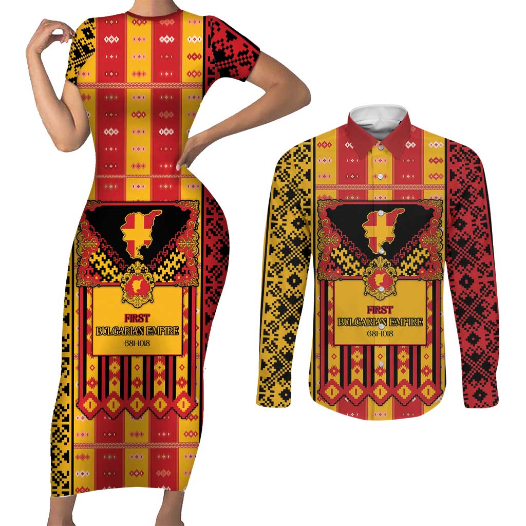 First Bulgarian Empire Couples Matching Short Sleeve Bodycon Dress and Long Sleeve Button Shirt Slavic Patterns - Wonder Print Shop