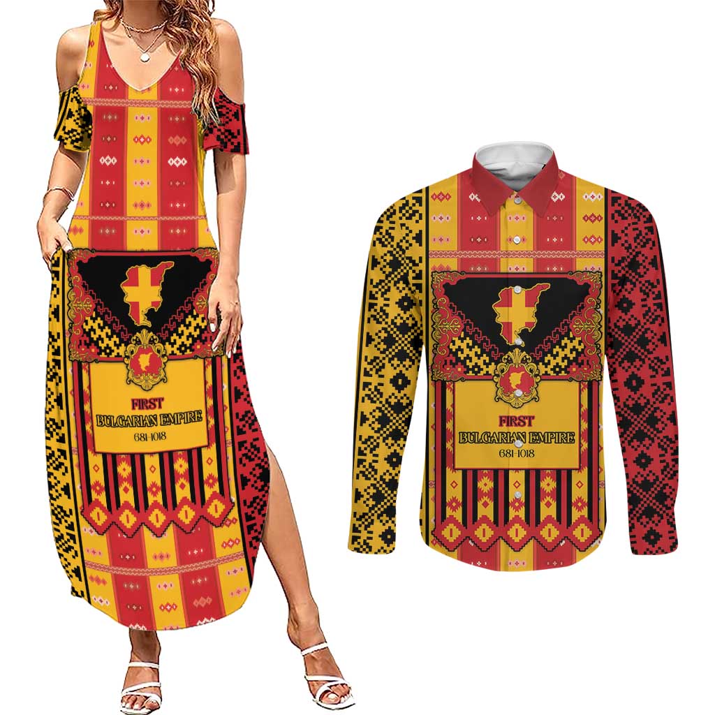 First Bulgarian Empire Couples Matching Summer Maxi Dress and Long Sleeve Button Shirt Slavic Patterns - Wonder Print Shop