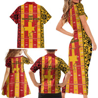 First Bulgarian Empire Family Matching Short Sleeve Bodycon Dress and Hawaiian Shirt Slavic Patterns - Wonder Print Shop
