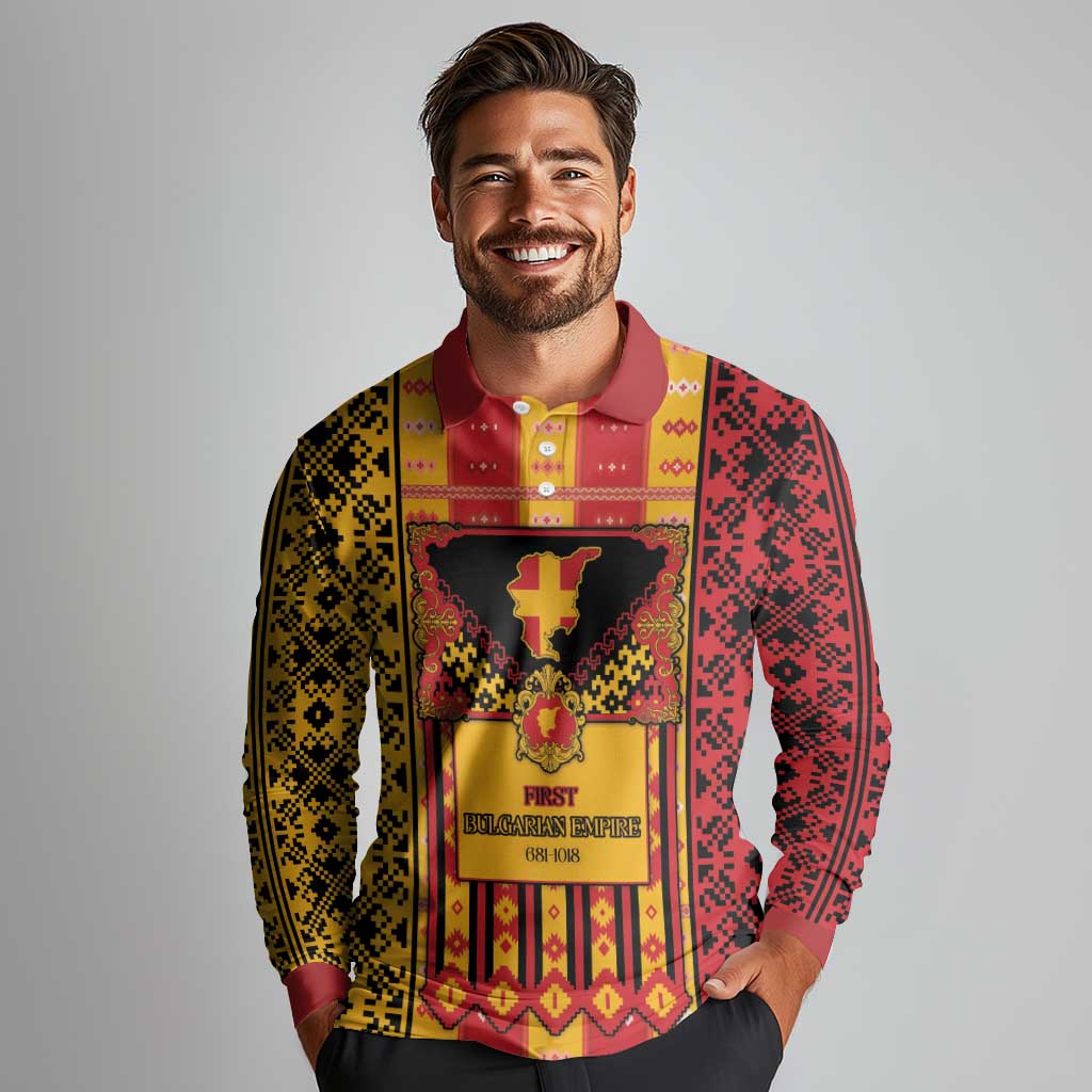 First Bulgarian Empire Long Sleeve Polo Shirt Slavic Patterns - Wonder Print Shop