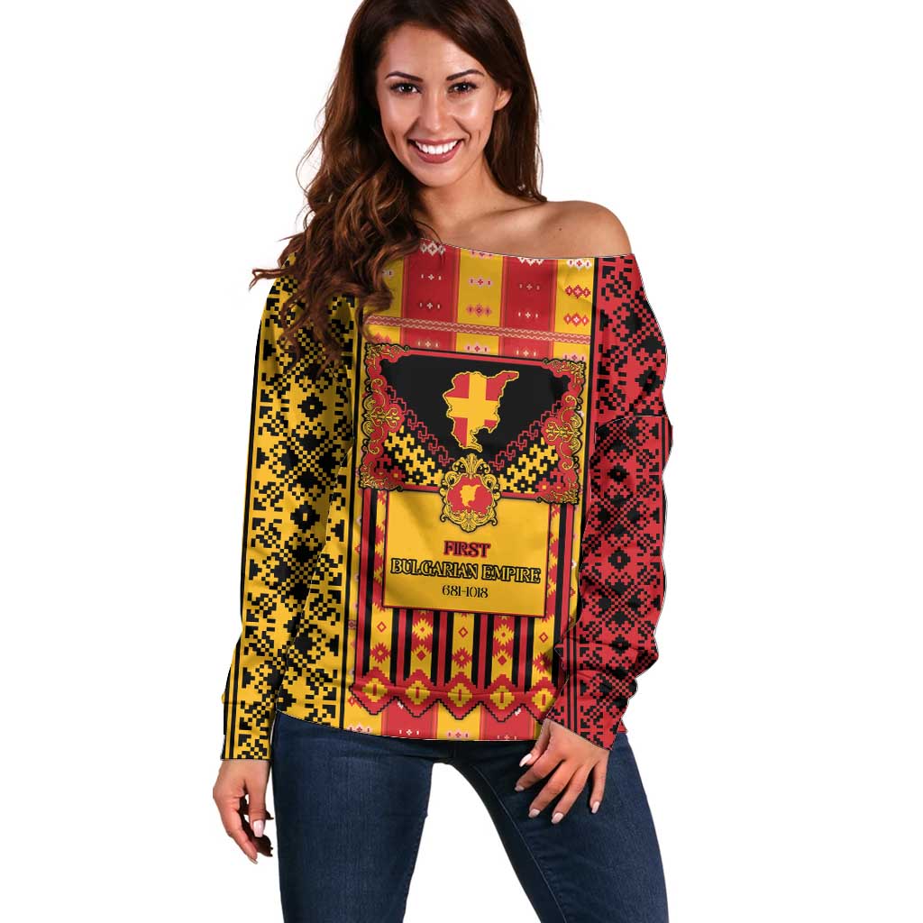 First Bulgarian Empire Off Shoulder Sweater Slavic Patterns - Wonder Print Shop