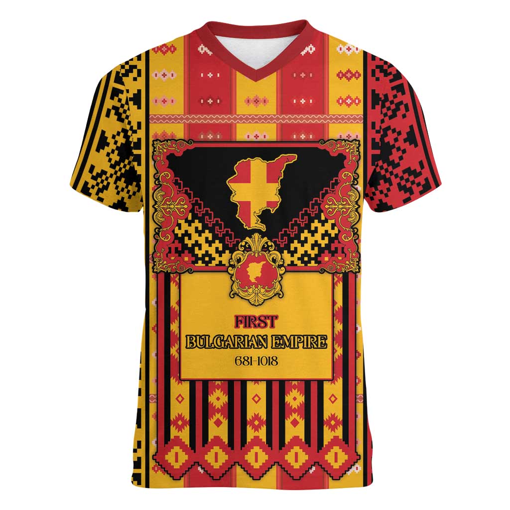 First Bulgarian Empire Women V-Neck T-Shirt Slavic Patterns - Wonder Print Shop