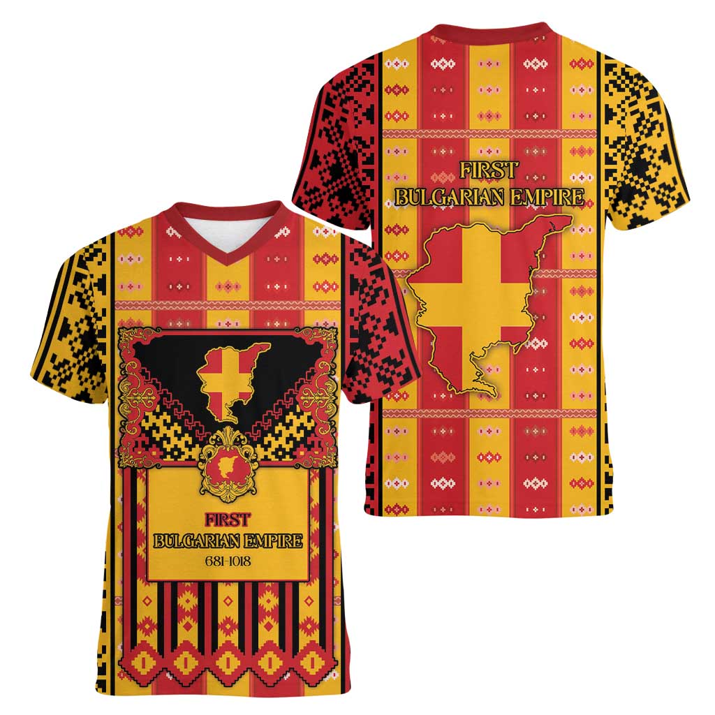 First Bulgarian Empire Women V-Neck T-Shirt Slavic Patterns - Wonder Print Shop