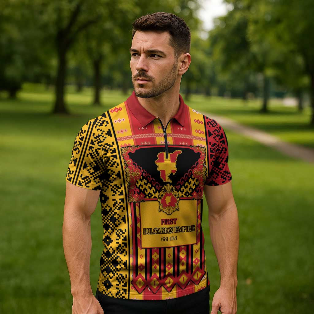 First Bulgarian Empire Zipper Polo Shirt Slavic Patterns - Wonder Print Shop