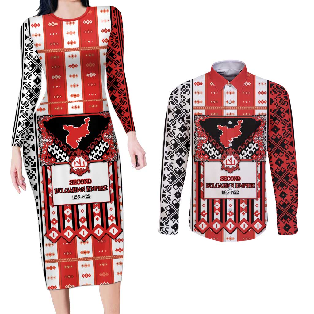 Second Bulgarian Empire Couples Matching Long Sleeve Bodycon Dress and Long Sleeve Button Shirt Slavic Patterns - Wonder Print Shop